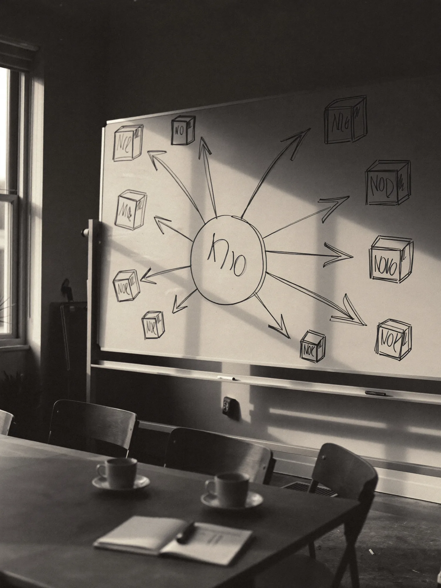 Whiteboard with abstract boxes and arrows, morning light