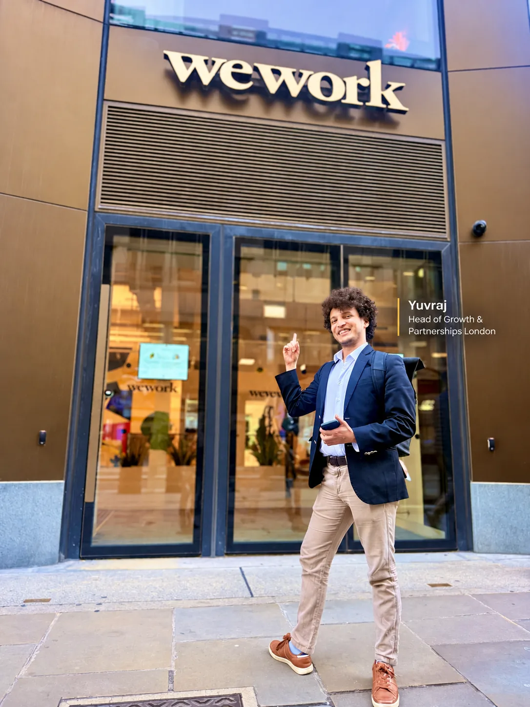 Yuvraj, Head of Growth and Partnerships, outside a WeWork building in London